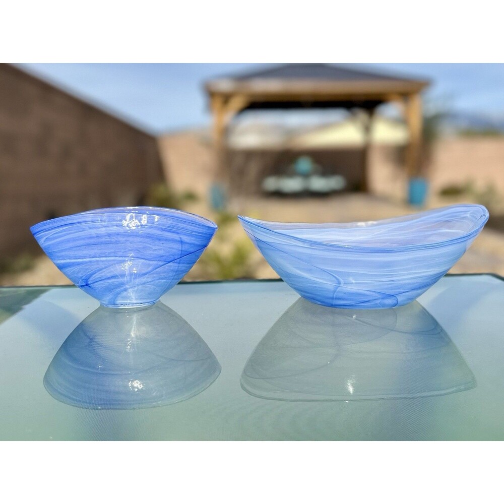 Artistic Accents Light and Cobalt Blue Swirl Oval Art Glass Bowl Hand Made set 2